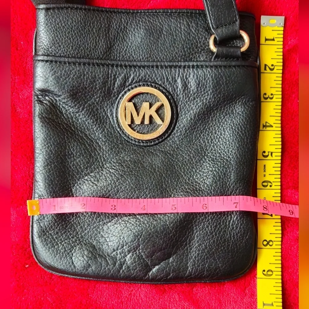 Michael Kors Fulton Black Pebble Leather Crossbody Bag with Gold Metal MK Logo